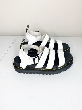 Dr. Martens White Triple-Strap Platform Sandals with Black Footbed